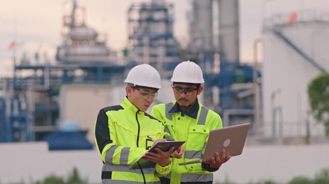 Expert construction managers collaborating on technical site check to ensure optimal operational efficiency. Collaborative efforts streamline overall factory production pipelines.