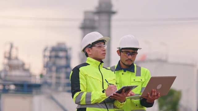Skilled manufacturing team collaborating on technical site check while wearing high visibility uniforms. Modern industries rely heavily on smart computerized systems. Quality output.