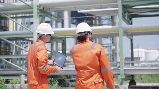 Two workers communicate near expansive industrial complex featuring pipes and tanks outdoors; they are clad in orange coveralls and white helmets during collaborative operation.