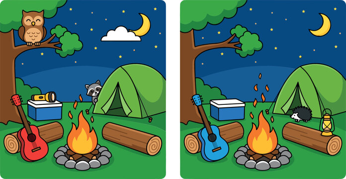 Find the Differences Night Camping Game Vector Template for Kids Activity Sheet Featuring Cartoon Bonfire Tent Guitar Owl Raccoon and Hedgehog Puzzle Designs