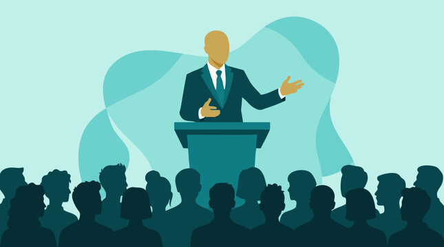 Public speaker on podium addressing an audience, presentation concept illustration