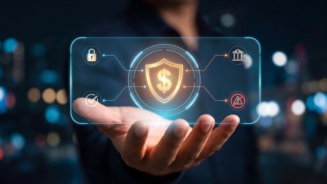 Hand holding futuristic holographic interface with dollar shield icon showing lock checkmark bank and warning sign representing financial security and fraud protection technology