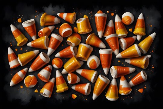 Candy corn scattered on a black background