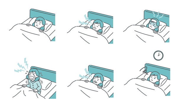 睡眠時の女の子の様々な状態・トラブルのセットイラスト