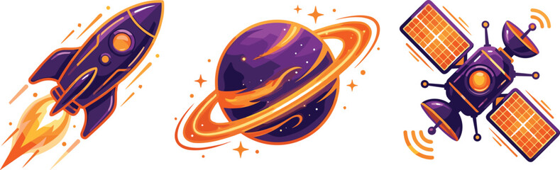 Outer Space Vector Illustration Set with Flying Rocket Ship, Ringed Planet Saturn, and Communications Satellite Elements for Education and Sci-Fi Graphic Designs © MdBokul