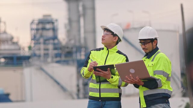 Expert construction managers analyzing production data on laptop for advanced industrial development. Strict safety protocols protect valuable human resources daily. Superb diligence.