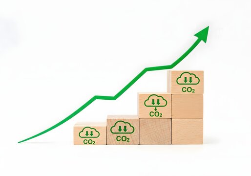 Wooden blocks with carbon dioxide reduction symbols and a rising green growth trend arrow