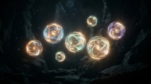 Glowing ethereal orbs with swirling energy patterns in dark cave