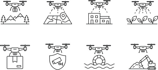 Naklejka premium Drone delivery and service icon set featuring autonomous aerial logistics, unmanned aerial vehicle shipping, smart package transport, and more