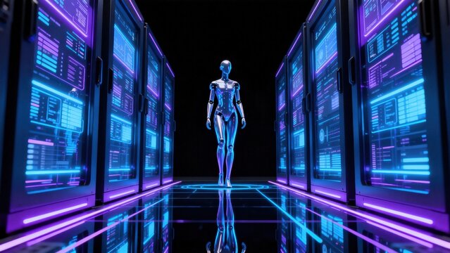 Futuristic robot in server room