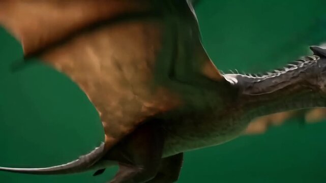 CGI animation of a pterosaur flying against a green background