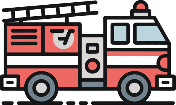 Flat of a red fire truck with a ladder on side view with thick black outlines and light blue window panes