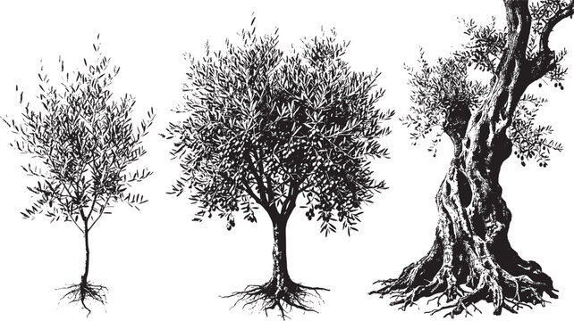 Set of three black and white ink sketch style trees showing different shapes and textures for nature design elements isolated on transparent background, Vector