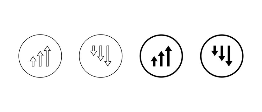Business trend arrow icon in circular outline. Upward and downward arrows symbol
