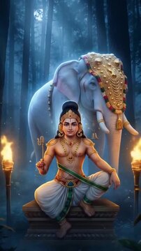 Indian god Lord Sastha, Ayyappan in the forest of Sabarimala with a white elephant