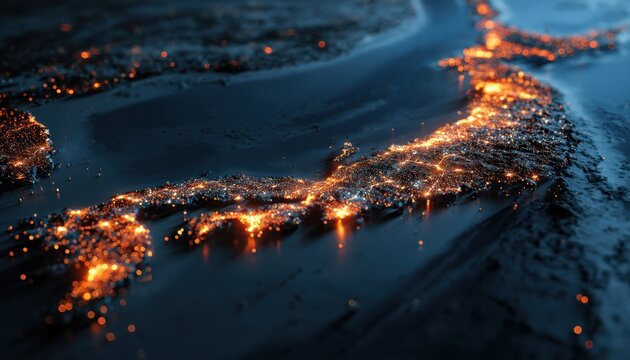 Japan map at night showing glowing city lights across the japanese archipelago from an aerial perspective