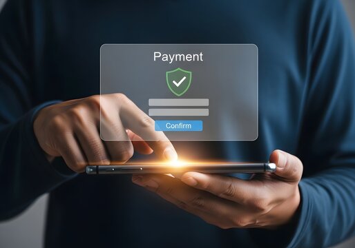 Person using a mobile phone to confirm a secure online payment on a digital interface