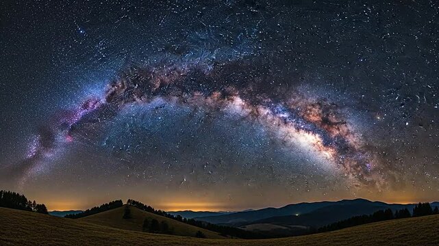 Stunning Milky Way arching over a dark mountain landscape at night