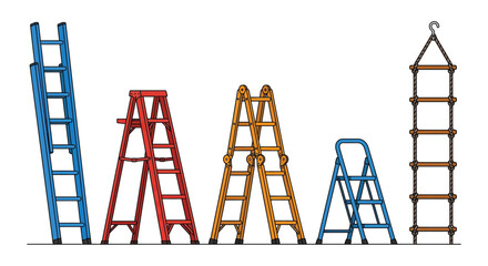 Assorted ladders and a rope ladder illustration colorful vector graphics on a white background step extension climbing © Victoria hub