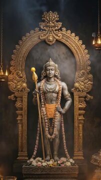 Statue of Lord Murugan as palani andavar in a decorated temple with ancient golden architecture and religious art