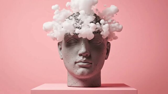Surreal concrete statue head erupting into white clouds on pink background. Conceptual 3D animation for brain fog, burnout, and creativity
