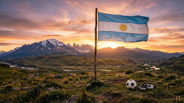 An Argentine sunset tribute, flag with sun emblem waving proudly, soccer ball and cleats resting on grass, rugged mountains glowing, vibrant sky uniting national pride and sport.