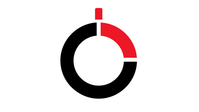 A bold, minimalist logo design featuring a black circle with a red segment and a red vertical line