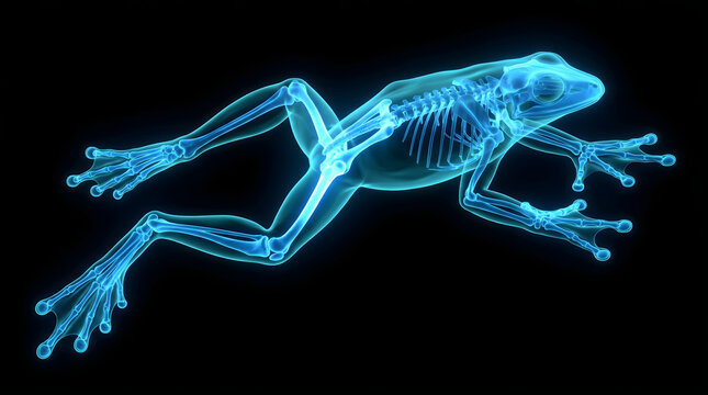 Blue Glowing X-Ray Illustration of a Frog Skeleton Showing Detailed Internal Bone Structure and Anatomy Isolated on a Solid Black Background