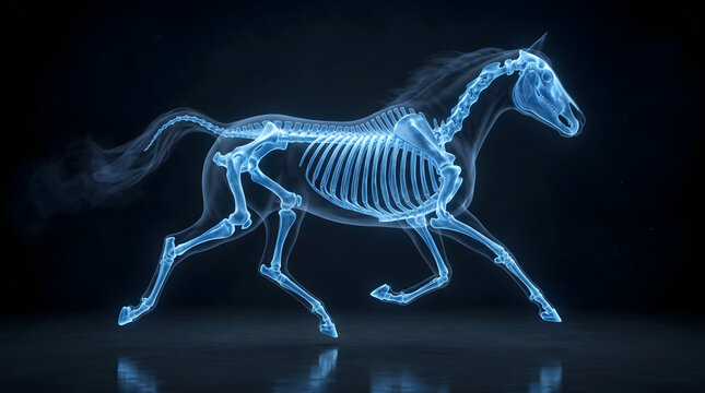 A glowing blue x-ray illustration of a galloping horse showcasing detailed skeletal anatomy including the spine, ribs, and leg bones.