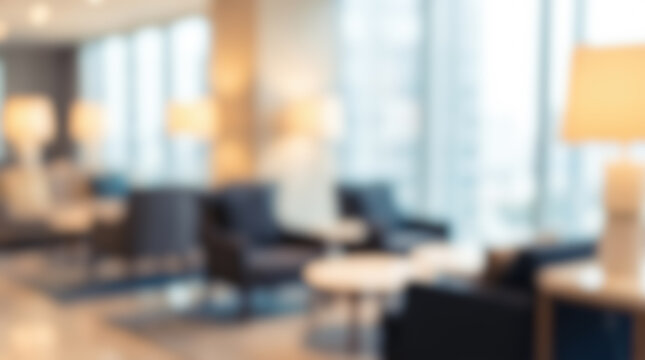 Blurred modern luxury hotel lobby interior featuring comfortable armchairs illuminating lamps near large windows creating bright relaxing corporate waiting room business background