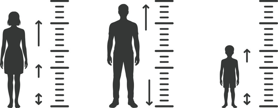 Human height, measurement icons, ruler and person symbols for fitness evaluation height comparison health records and growth assessment.