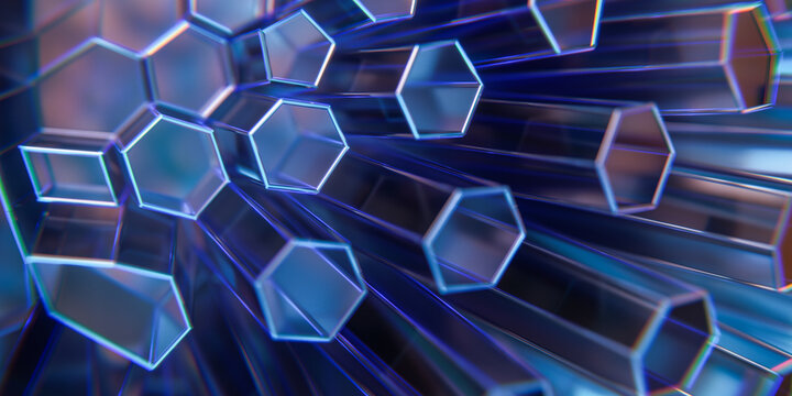 Abstract blue glowing hexagonal glass crystal tubes protruding outward creating futuristic technological background pattern with shallow depth field bright reflections 3d rendering