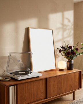 Blank wood frame mockup leaning on teak sideboard with record player in mid century interior