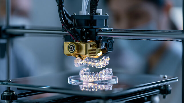 close-up of 3d printer producing transparent dental prototype modern medical technology additive manufacturing precision and innovation concept