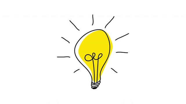 Idea light bulb animation with line doodle cartoon flat style. Doodle hand drawn idea lamp bulb animation. Light bulb animation. Concept of inspiration, idea and creativity