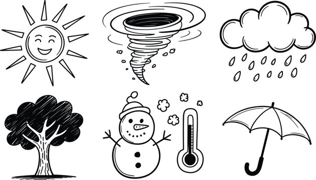 Weather icons set, sun, tornado, rain, tree, snowman, thermometer, umbrella illustration