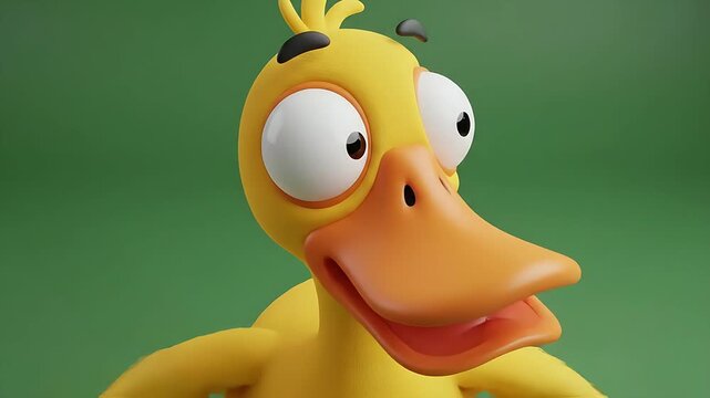 Cartoon yellow duck character standing with open arms on a solid green background