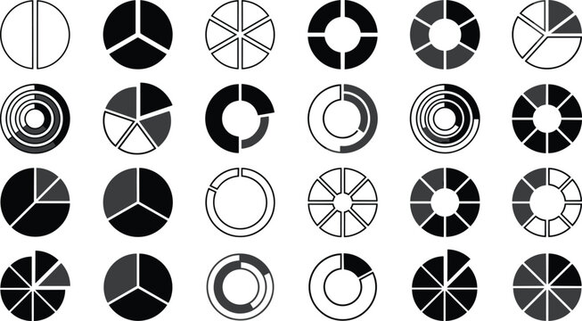 Circular chart and pie diagram collection with infographic analytics dashboards and business data vector elements