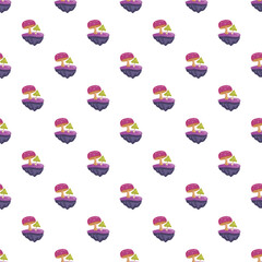 Naklejka premium Fantasy mushroom islands repeated across a white background and creating a seamless pattern