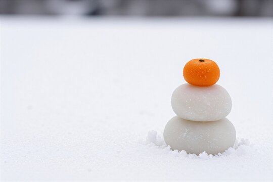 Small kagami mochi on fresh snowfield