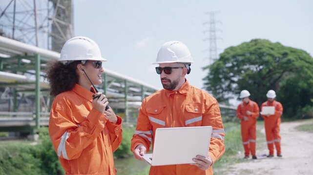 Two workers intently discuss pipeline inspection near substantial infrastructure during professional assessment at an industrial site featuring orange workwear and white helmets.
