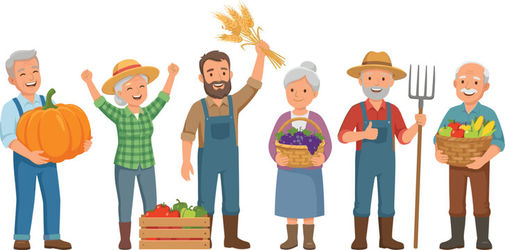 Happy senior farmers and harvest collection with agricultural workers fresh produce and farming vector illustrations