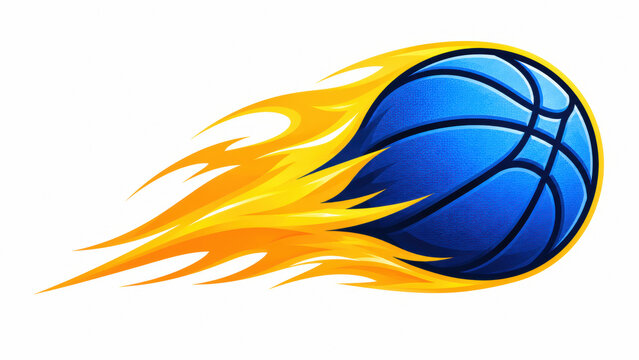 Blue basketball ball flying fast with a bright orange fire trail pixel art