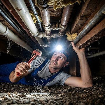 Man in overalls and headlamp working under sink with wrench and pipe