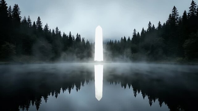 Ethereal light obelisk rises from misty forest lake at twilight