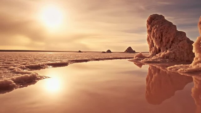Sun reflects on saline water, with rocky formations and distant islands at sunset