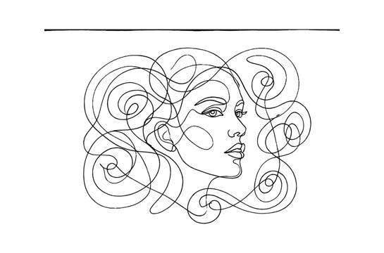 Continuous line drawing of a beautiful woman face with long wavy hair isolated on transparent background, Vector