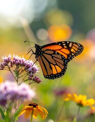 Obraz premium Monarch Butterfly Feeding on Purple Flowers.