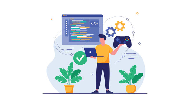 Game developer or enthusiast holding game controller while working on code at laptop with various digital development icons.