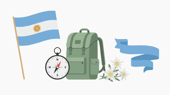 Backpack with Compass, Argentine Flag and Travel Map Symbols Showing Direction, Adventure Planning and International Business Logistics